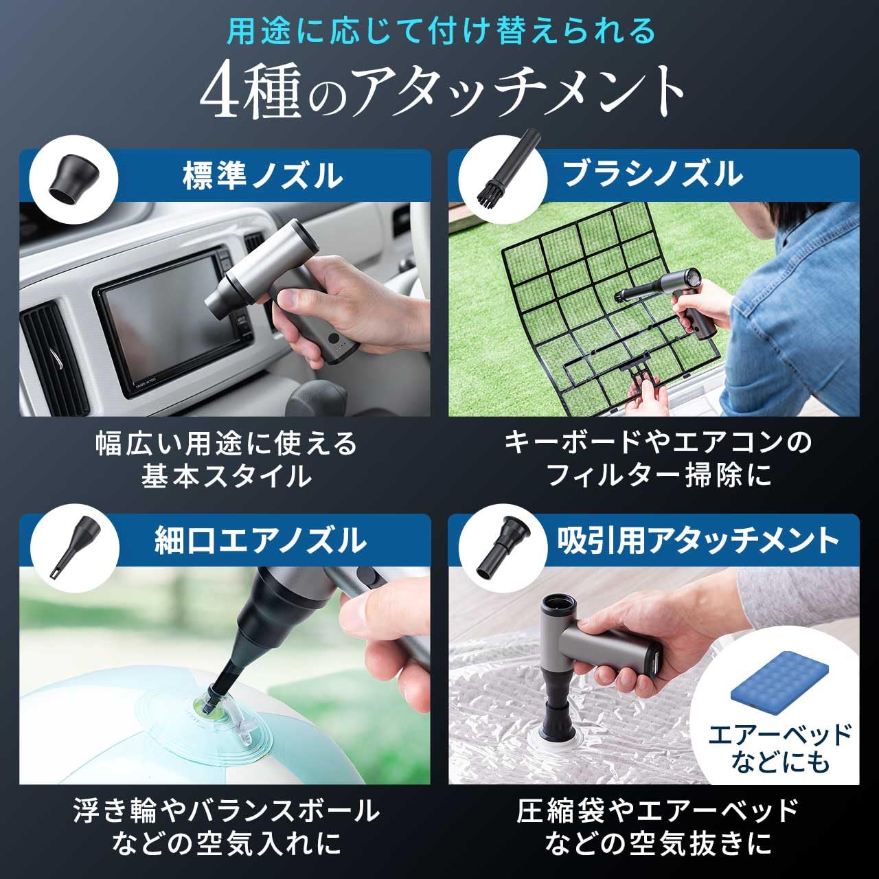 サンワダイレクト 電動エアダスター 充電式 USB-C 4段階風量調節 ガス不p サンワダイレクト USB-C 電動エアダスター 4段階